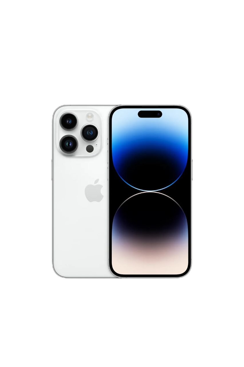 Beyaz iPhone 14 Pro, ön ve arka görünüm, kamera lensleriyle.