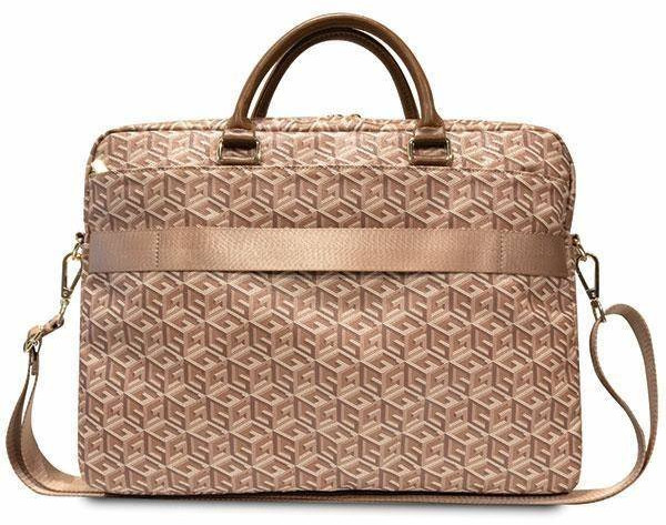 Beżowa torba na laptopa z geometrycznym wzorem. Dwa brązowe uchwyty na górze i pasek.