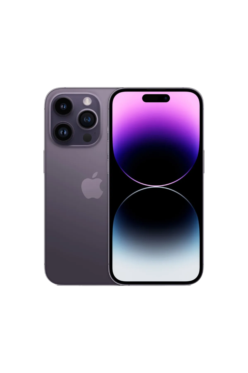 Arkasında üç kamerası ve Apple logosu bulunan mor bir iPhone.