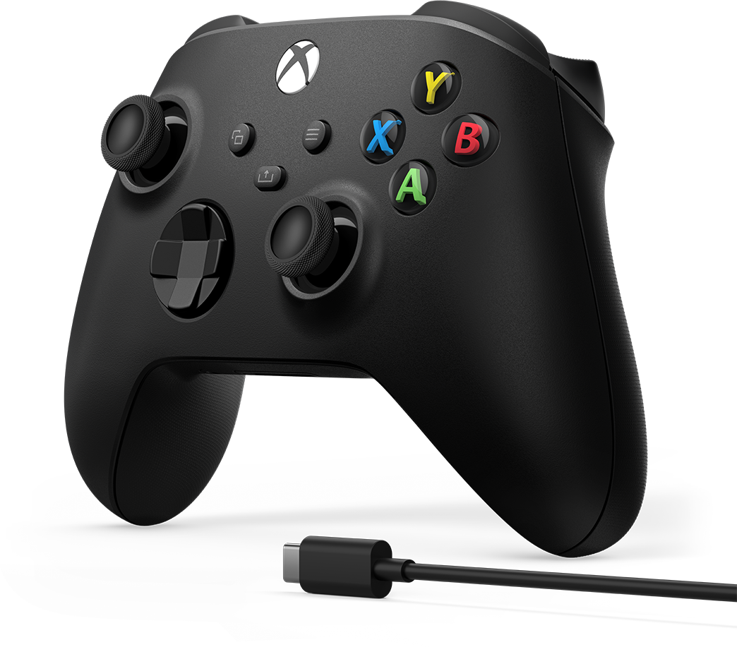 Egy fekete Xbox kontroller gombokkal és USB-C kábellel.