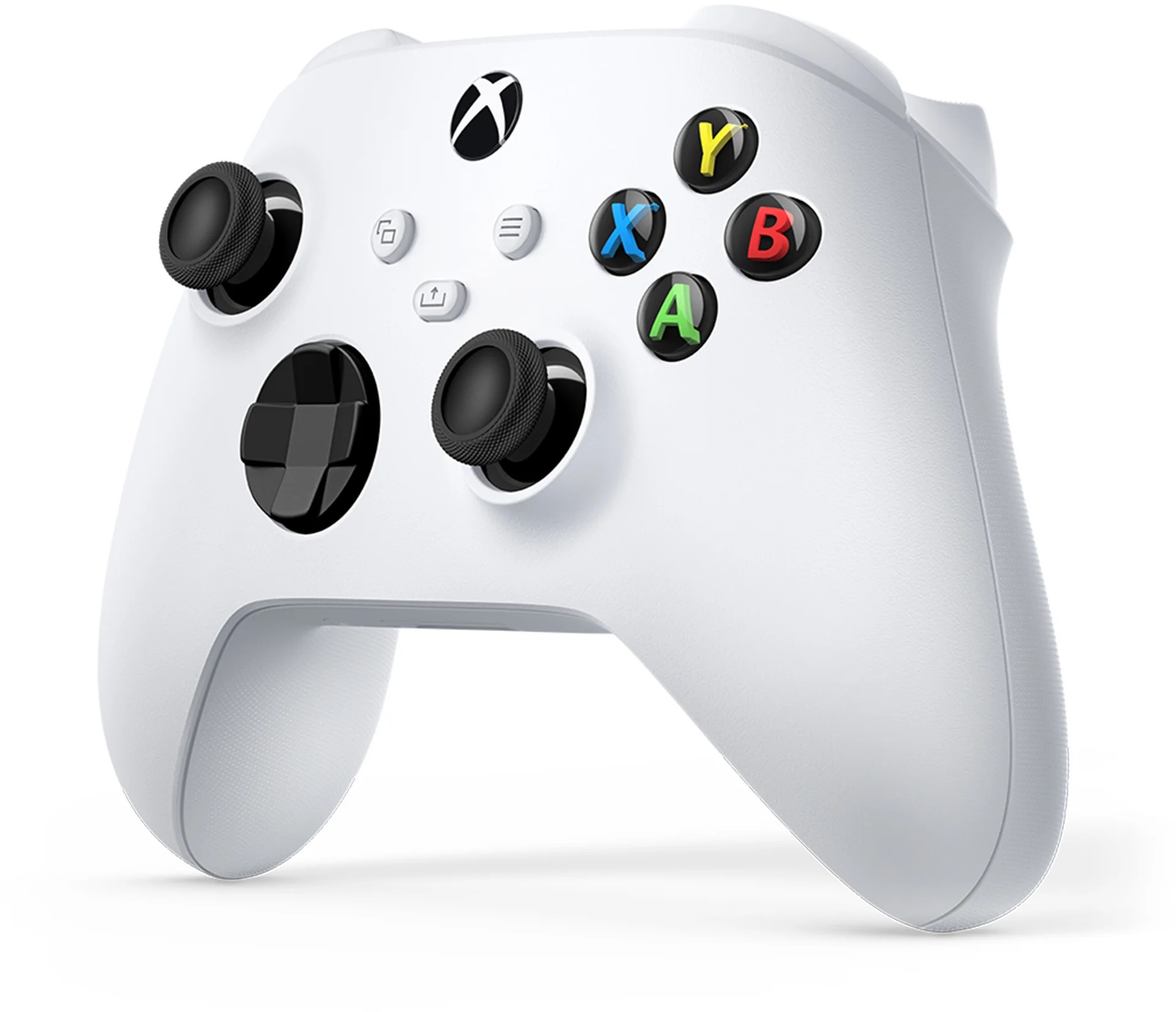 Fehér Xbox kontroller színes gombokkal és fekete joystickokkal.
