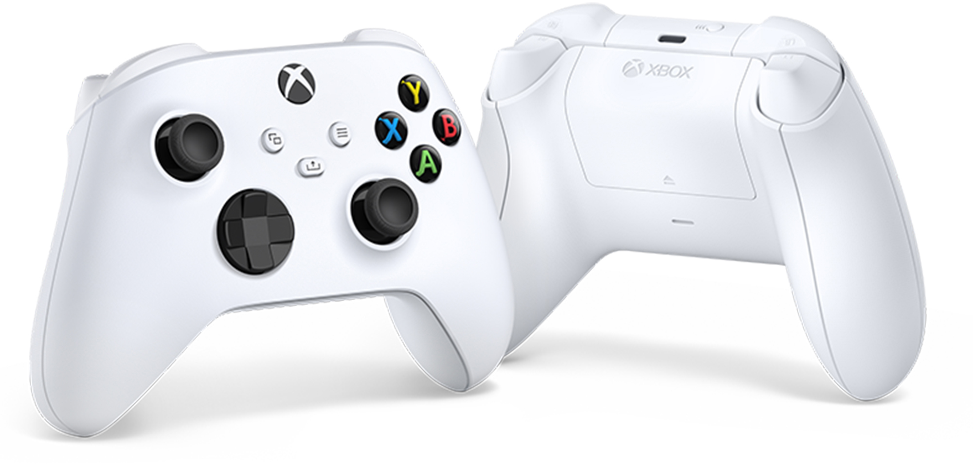 Fehér Xbox kontroller, elülső és hátsó nézet, gombokkal és texturált fogantyúval.