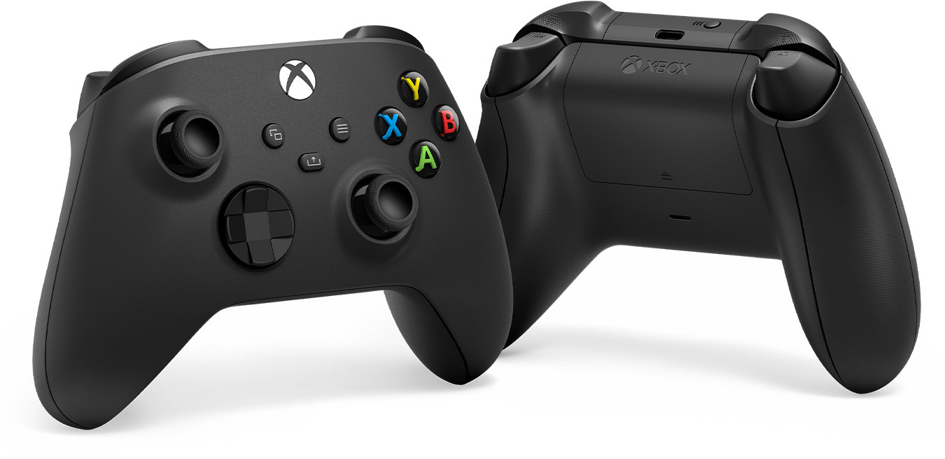 Két fekete Xbox-kontroller, egy elölnézet és egy hátulnézet, látható gombokkal és részletekkel.