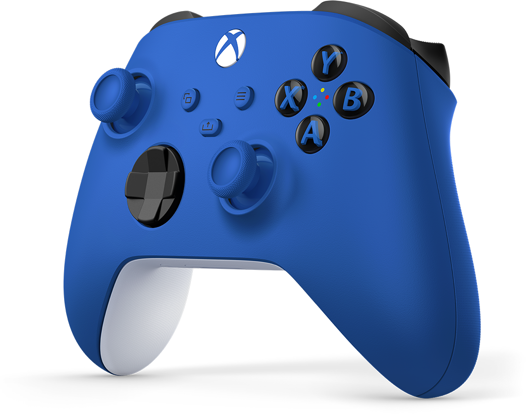 Egy kék Xbox-kontroller gombokkal és joystickokkal. A háttér egy sima fehér felület.