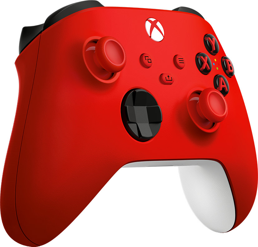 Piros Xbox vezérlő fekete részletekkel és gombokkal. Fehér Xbox logó felül.