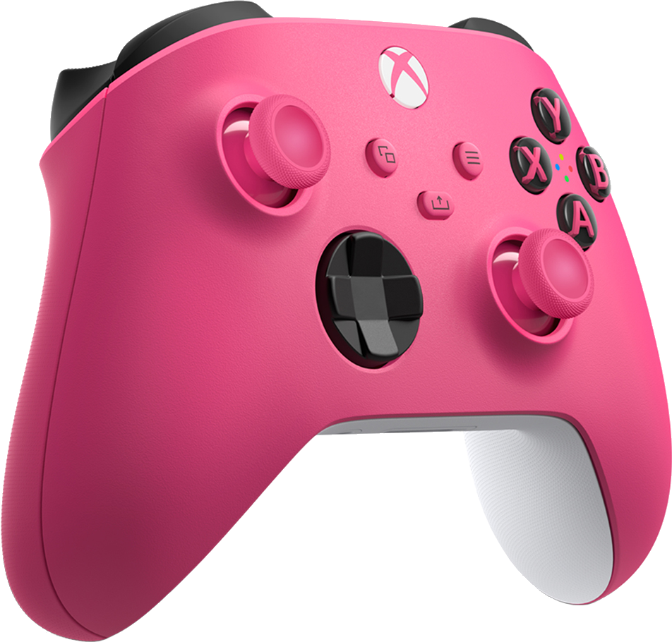 Egy rózsaszín Xbox kontroller fekete díszítéssel, gombokkal és joystickekkel, fehér háttér előtt.