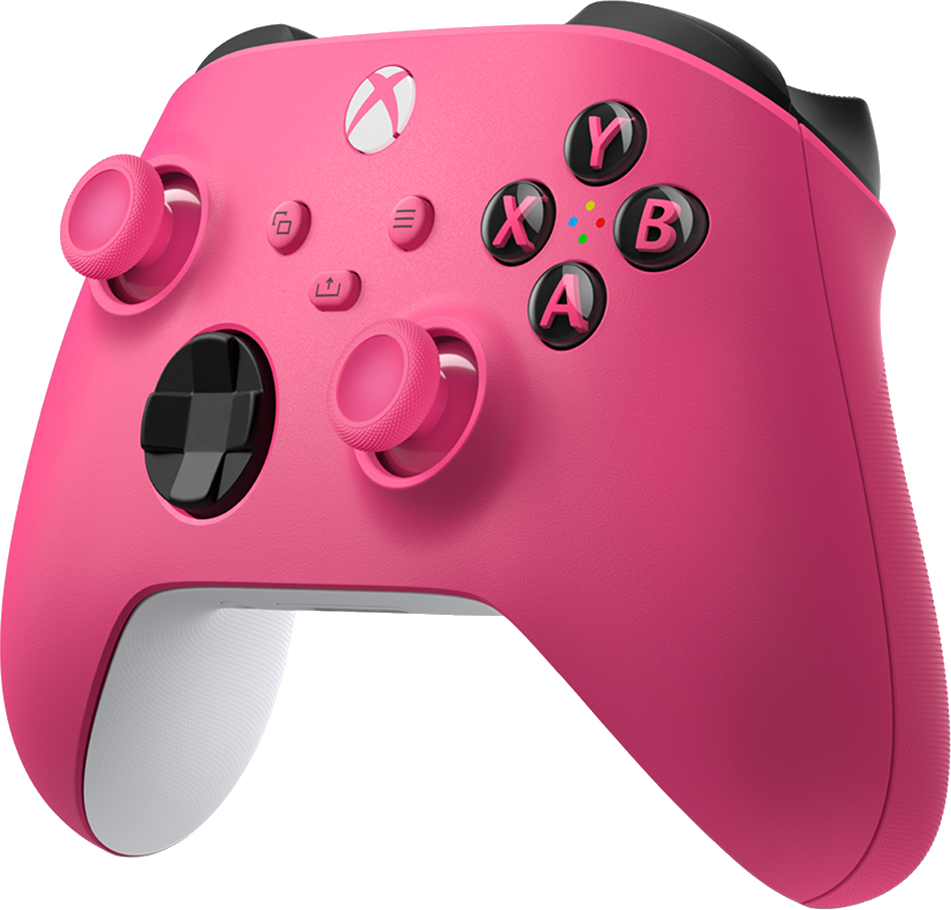 Rózsaszín Xbox vezérlő fehér Xbox logóval, fekete gombokkal és joystickekkel.