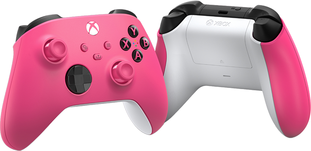 Rózsaszín Xbox vezérlő, elülső és hátsó nézet. Fehér hátlap. Fekete gombok és részletek.