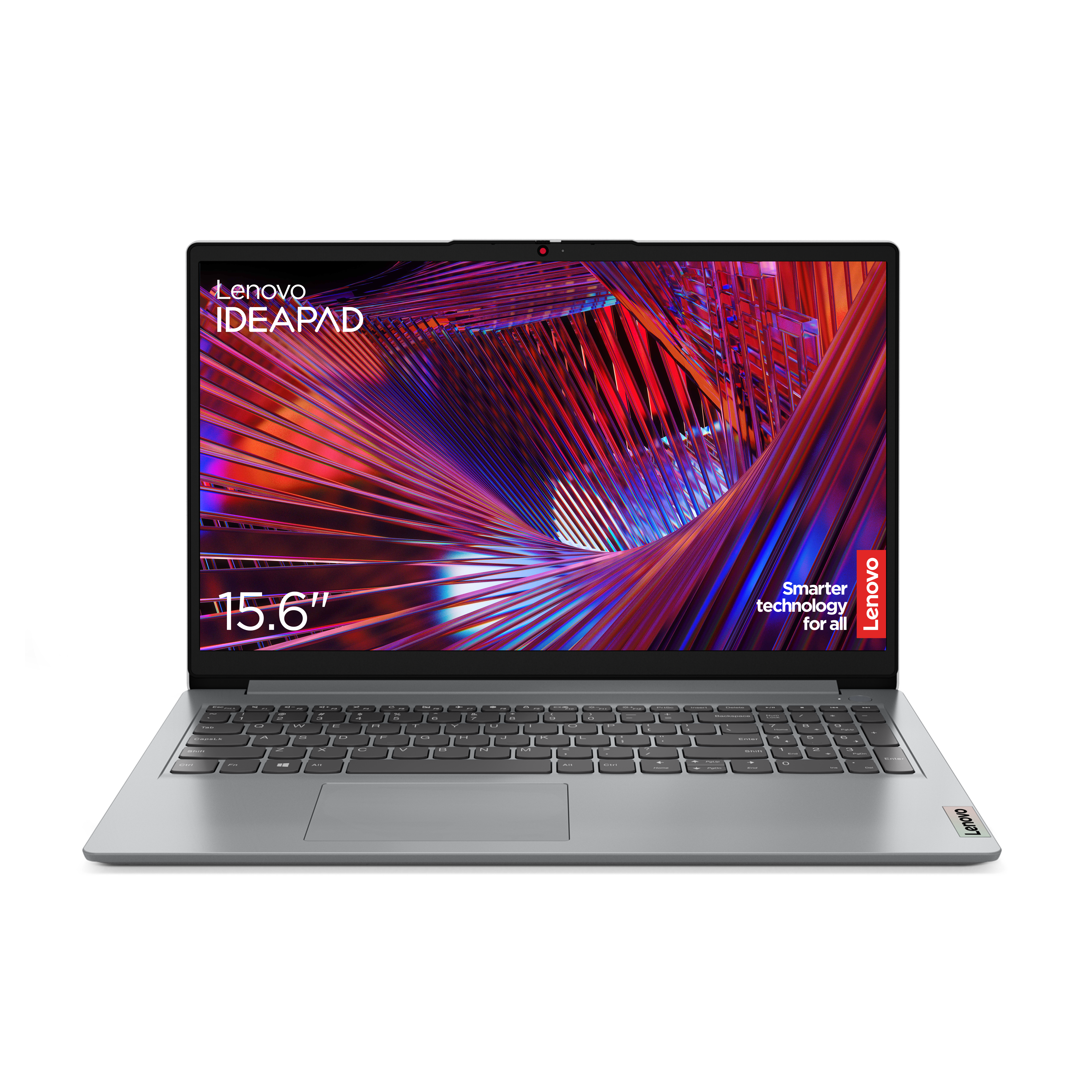 Una laptop Lenovo IdeaPad plateada con pantalla de 15.6 pulgadas, abierta sobre fondo blanco.