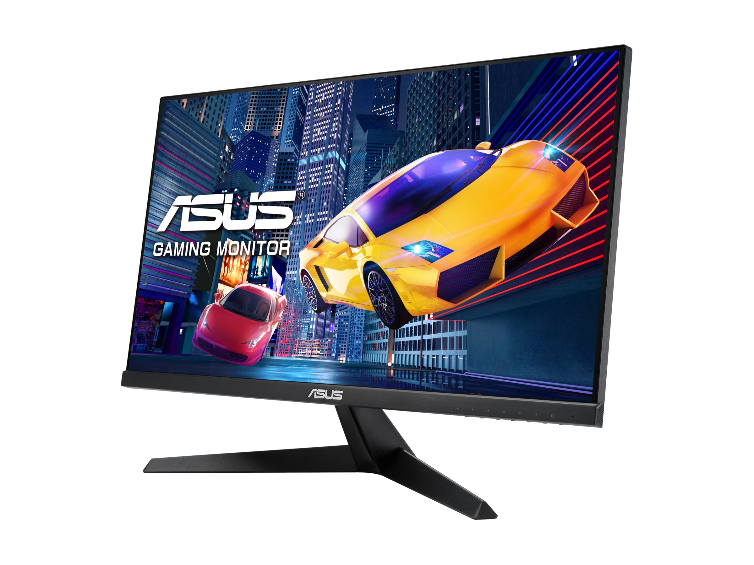 Ein ASUS-Gaming-Monitor, der eine dynamische Szene mit einem gelben und roten Sportwagen vor einem Stadtbild zeigt.