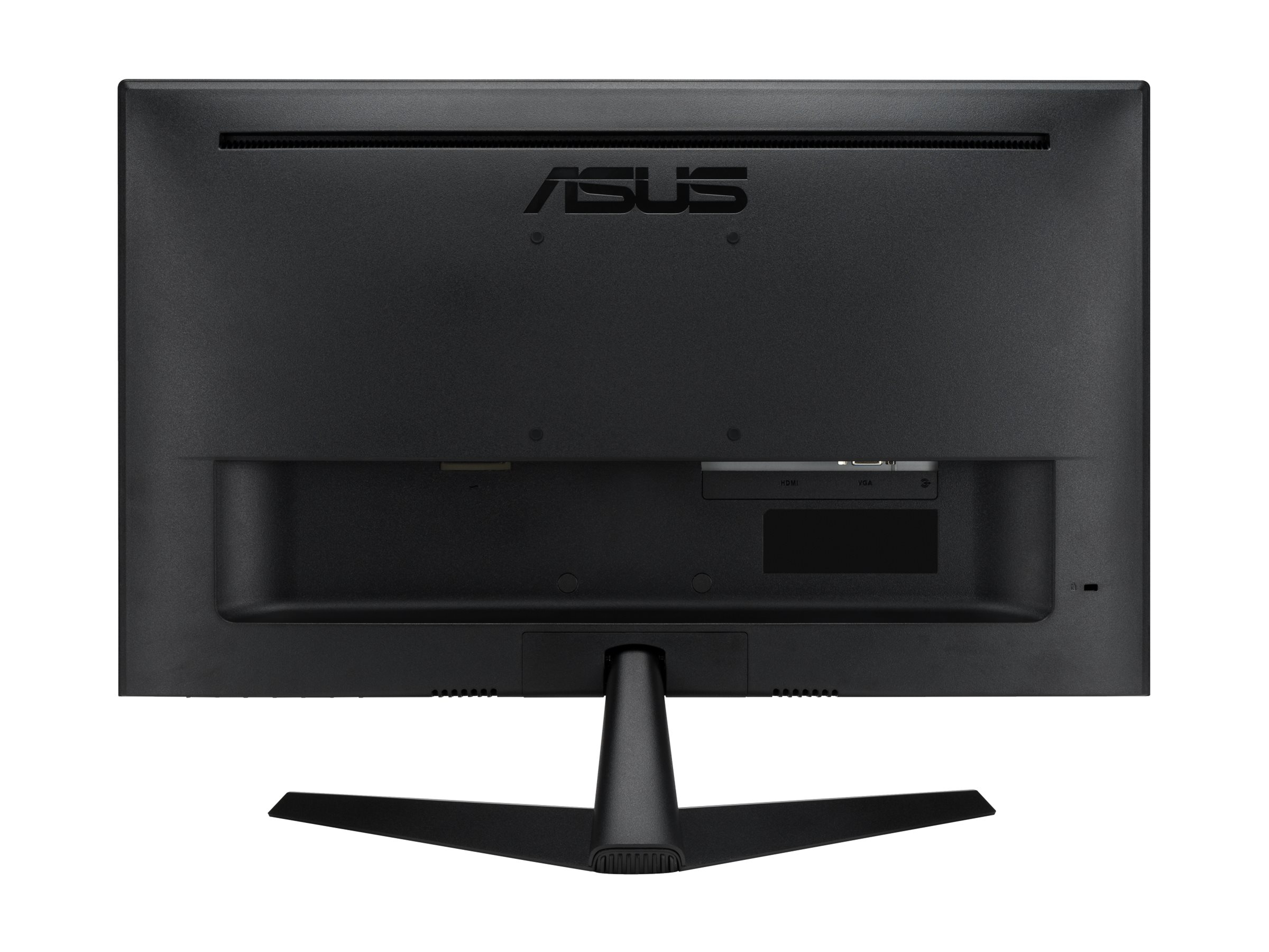 Die Rückseite eines schwarzen ASUS-Computermonitors mit Eingangsanschlüssen und einem Ständer. Das ASUS-Logo ist sichtbar.
