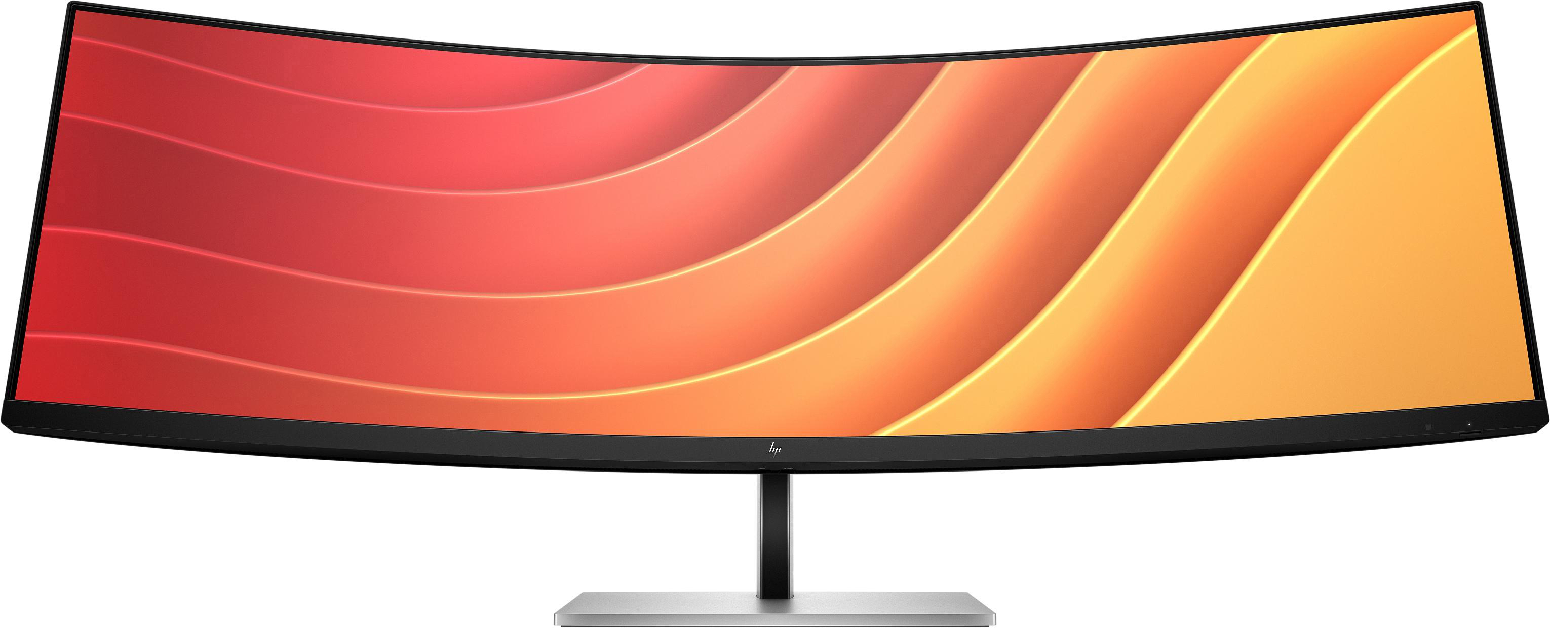 Gebogener Computermonitor mit farbenfrohem Hintergrund.