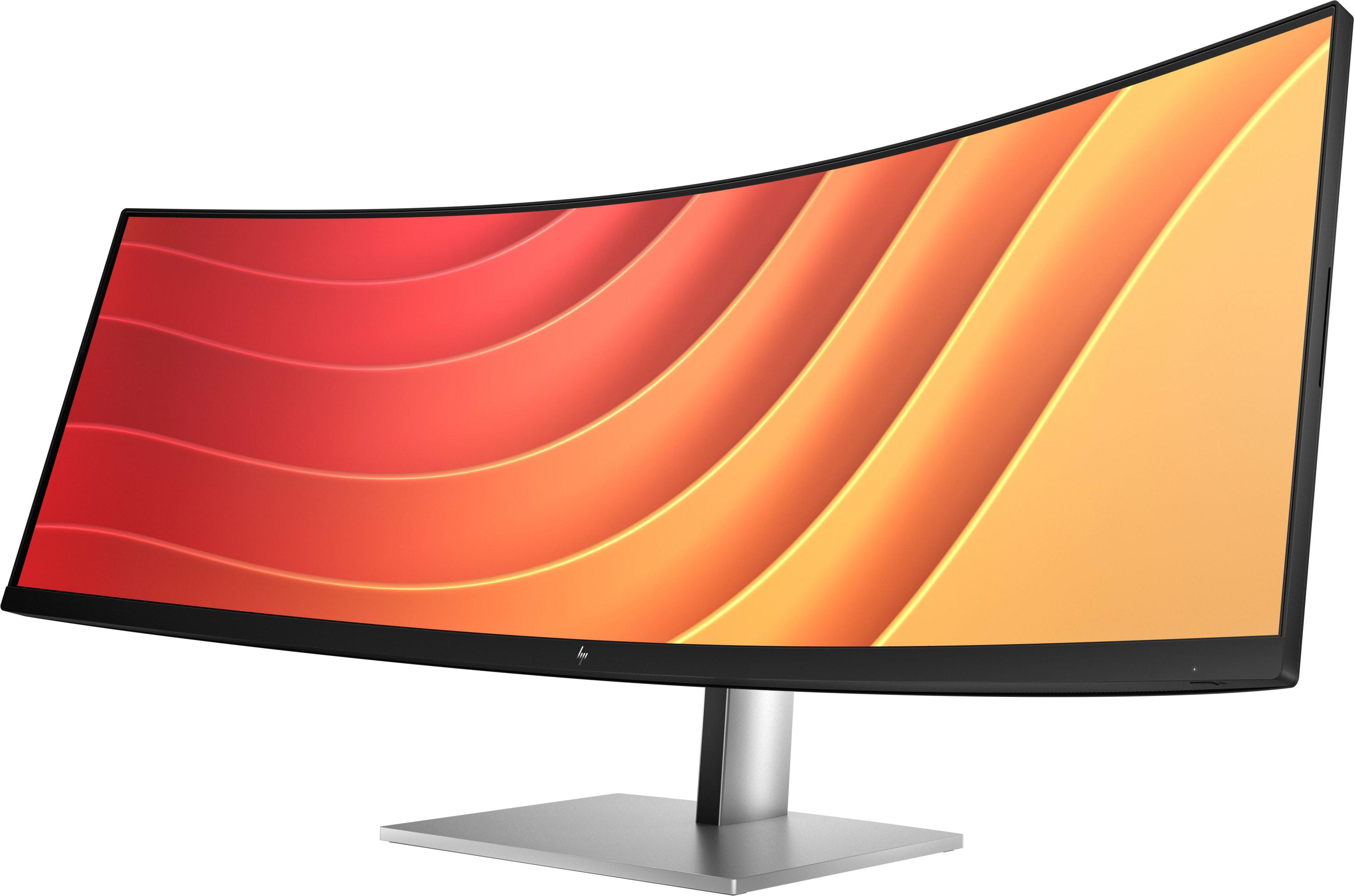 Gebogener Computermonitor mit orangefarbenem und rotem Farbverlauf.
