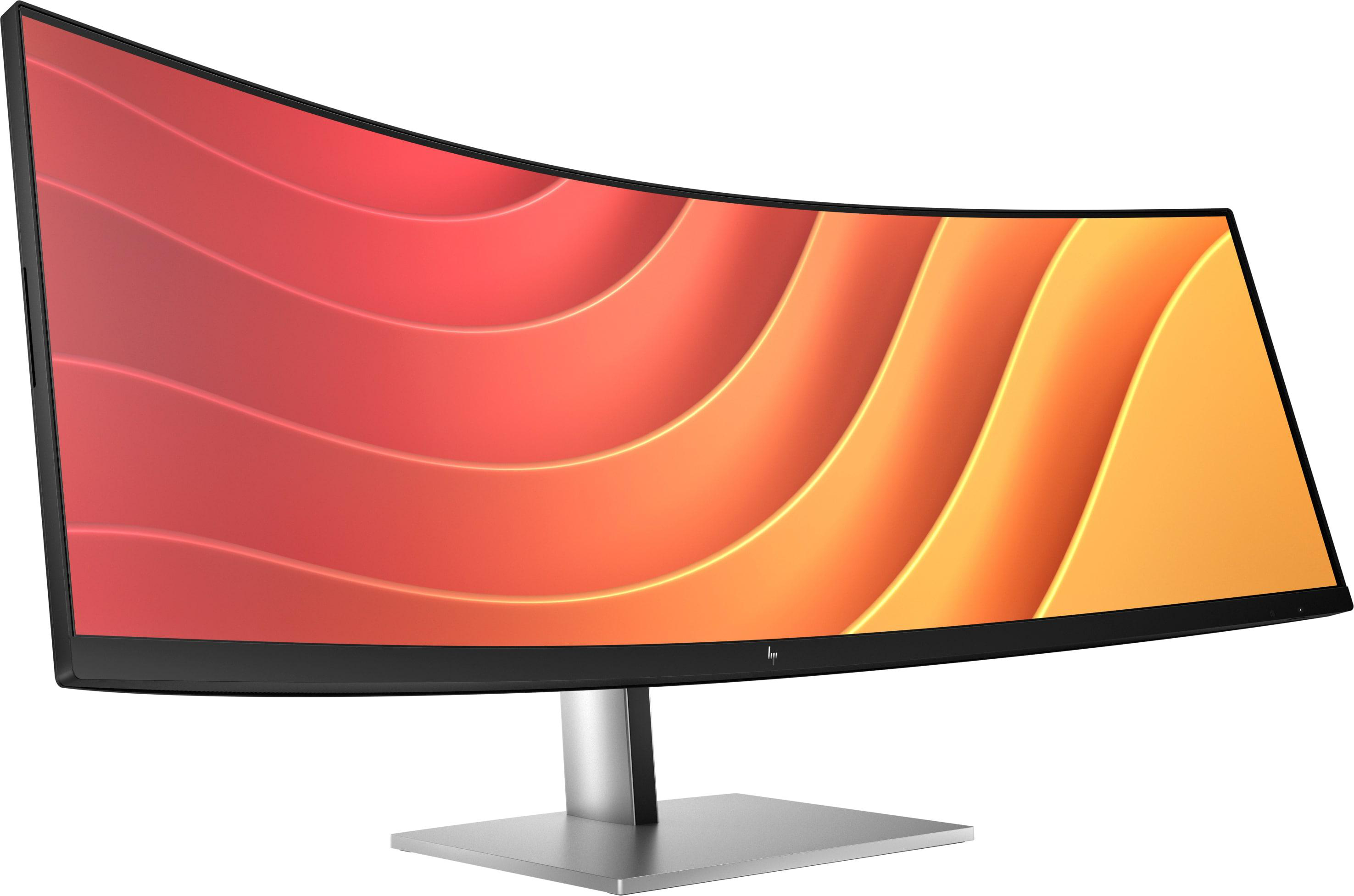 Gebogener Computermonitor mit farbenfrohem Farbverlauf und silbernem Ständer.