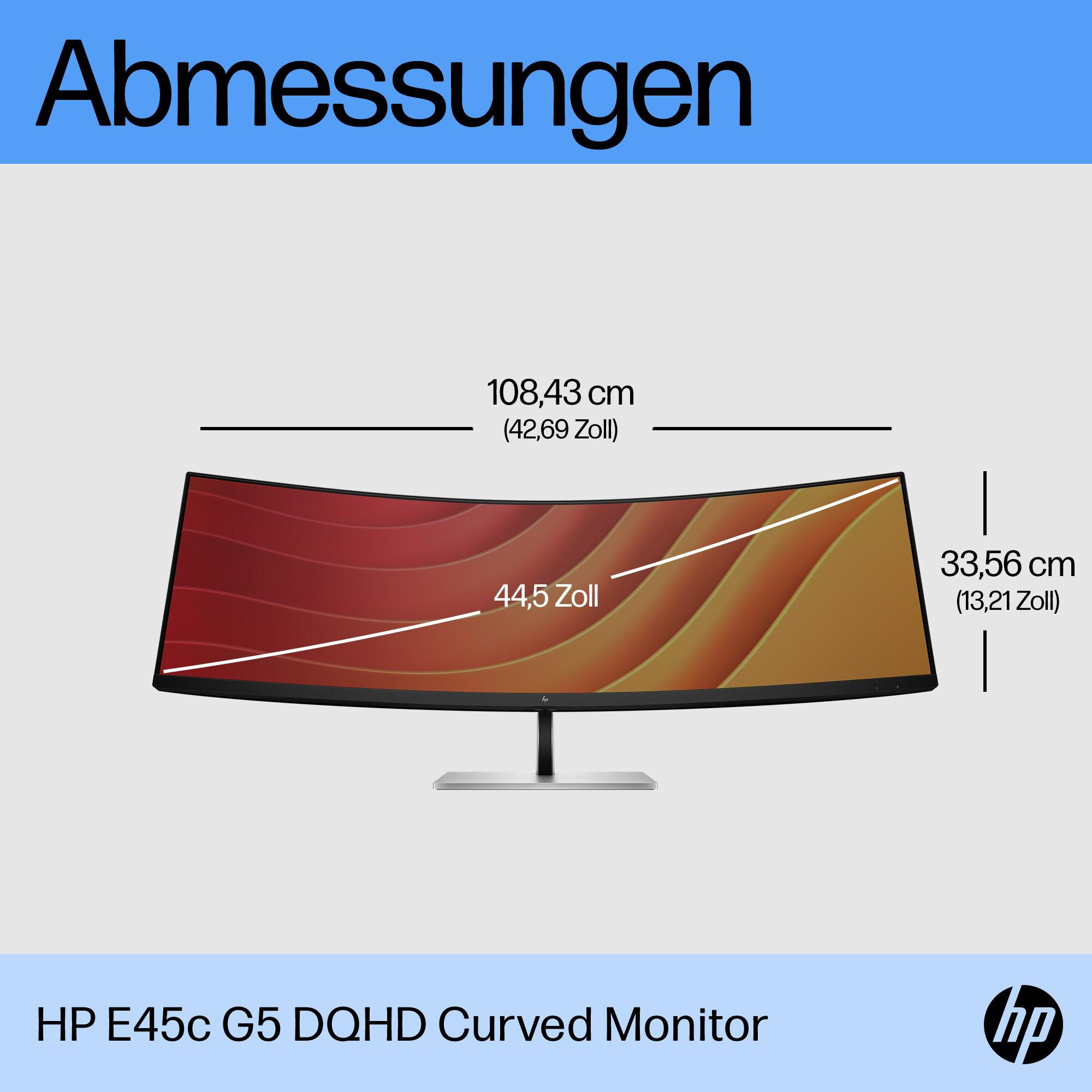 Ein gebogener Computermonitor mit Abmessungen in cm und Zoll.