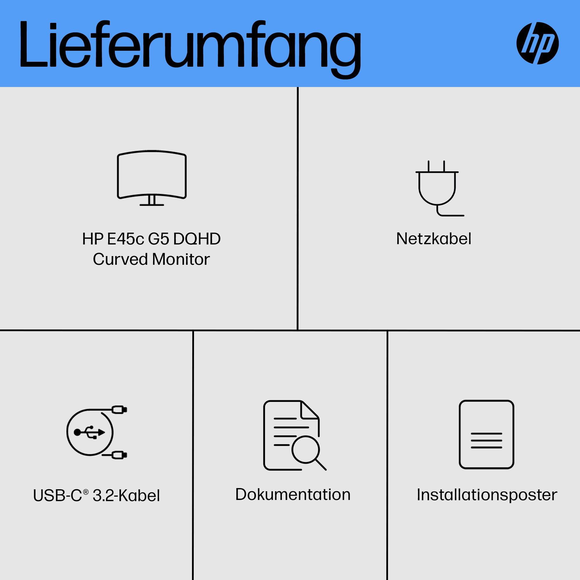 Diagramm von HP E45c G5 DQHD Curved Monitor, Netzkabel, USB-C 3.2-Kabel, Dokumentation.