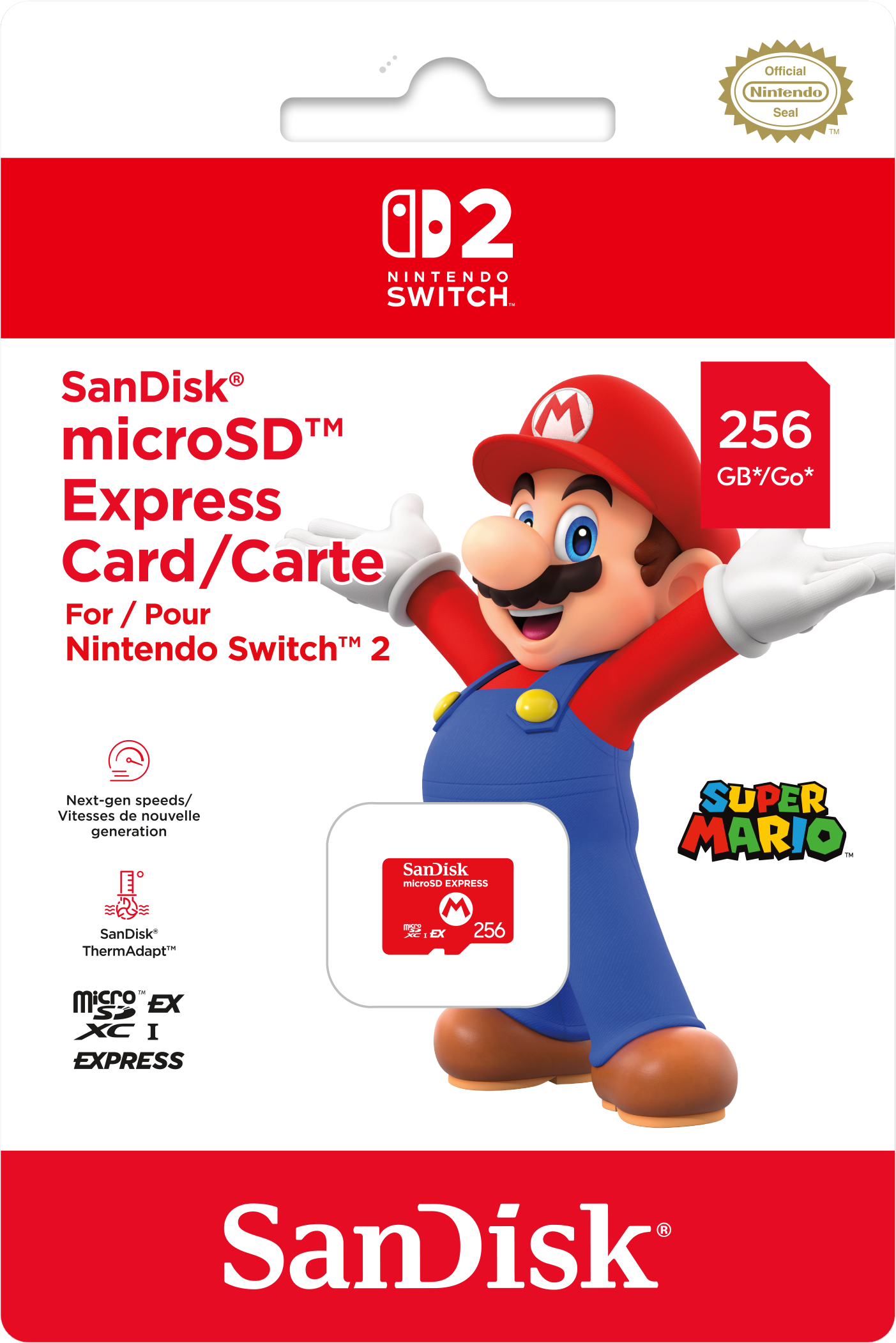 Un emballage de carte microSD SanDisk avec Mario. Un emballage rouge montre la carte et le logo Nintendo Switch.