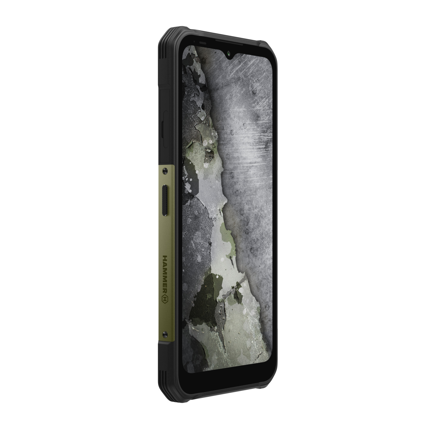 Een zwart-groene smartphone met een scherm dat een verweerde muur toont. De telefoon zit in een beschermhoes.