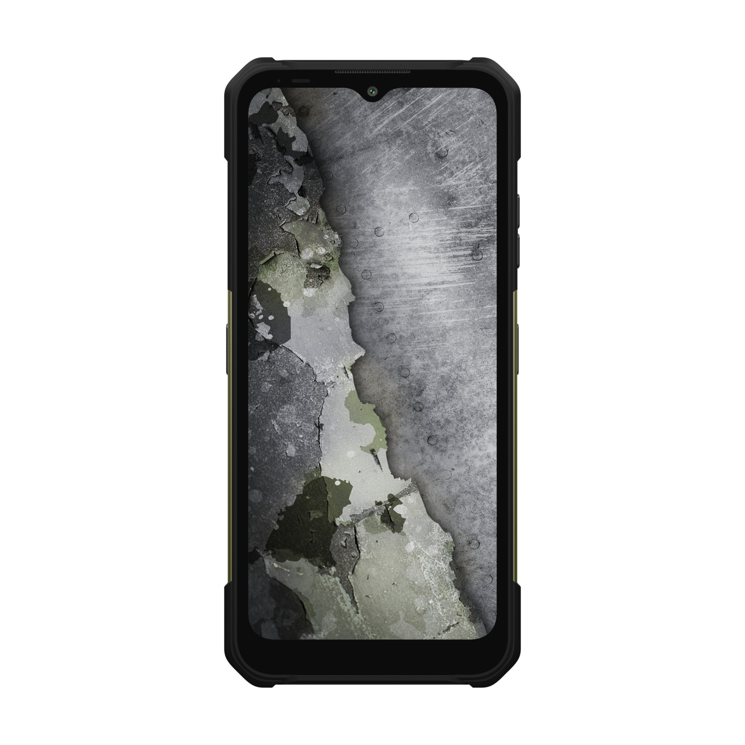 Een zwarte smartphone met een robuuste behuizing toont een verweerde metalen textuur op het scherm, met afbladderende verf.