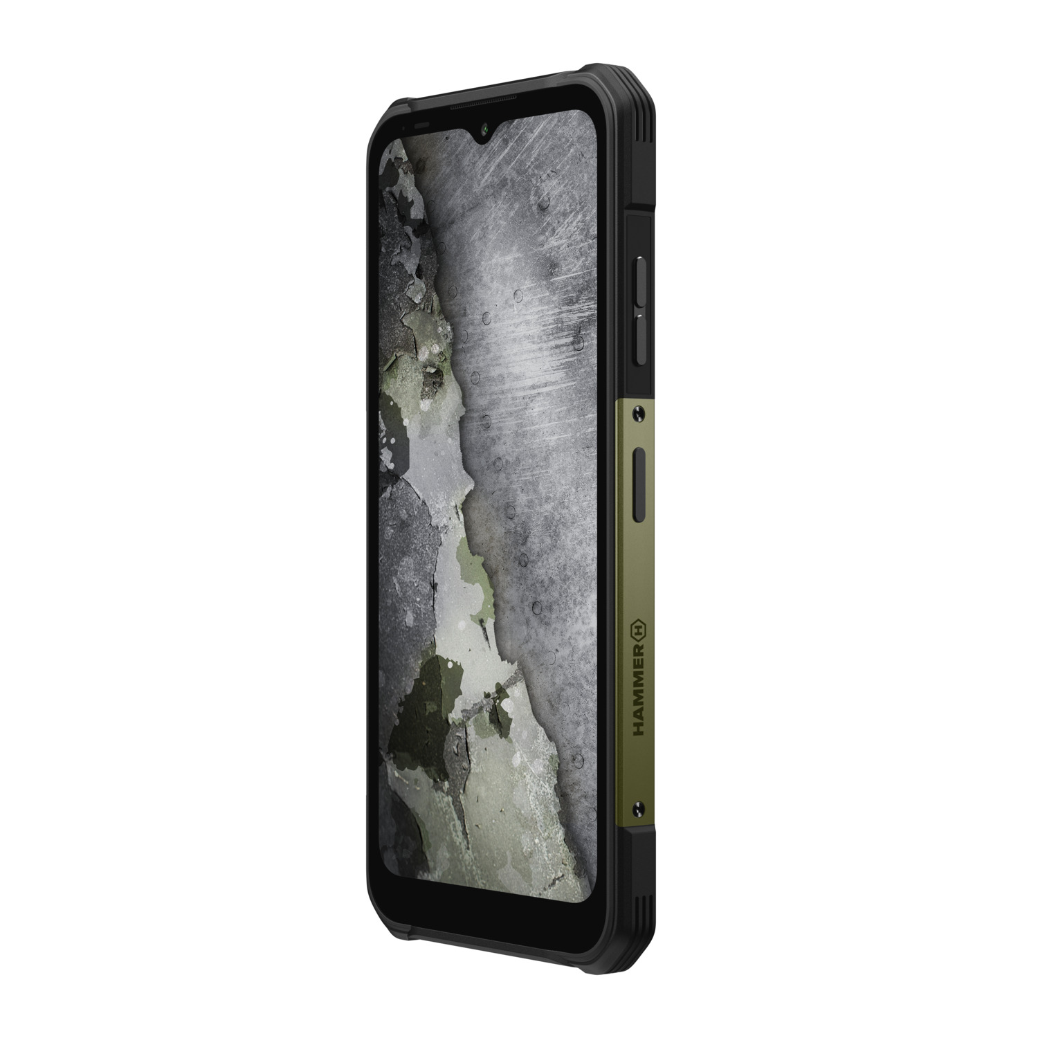 Robuuste smartphone. Zwart en olijfgroen. Scherm toont een gebarsten betonnen textuur. De zijkant heeft knoppen en een merklogo.