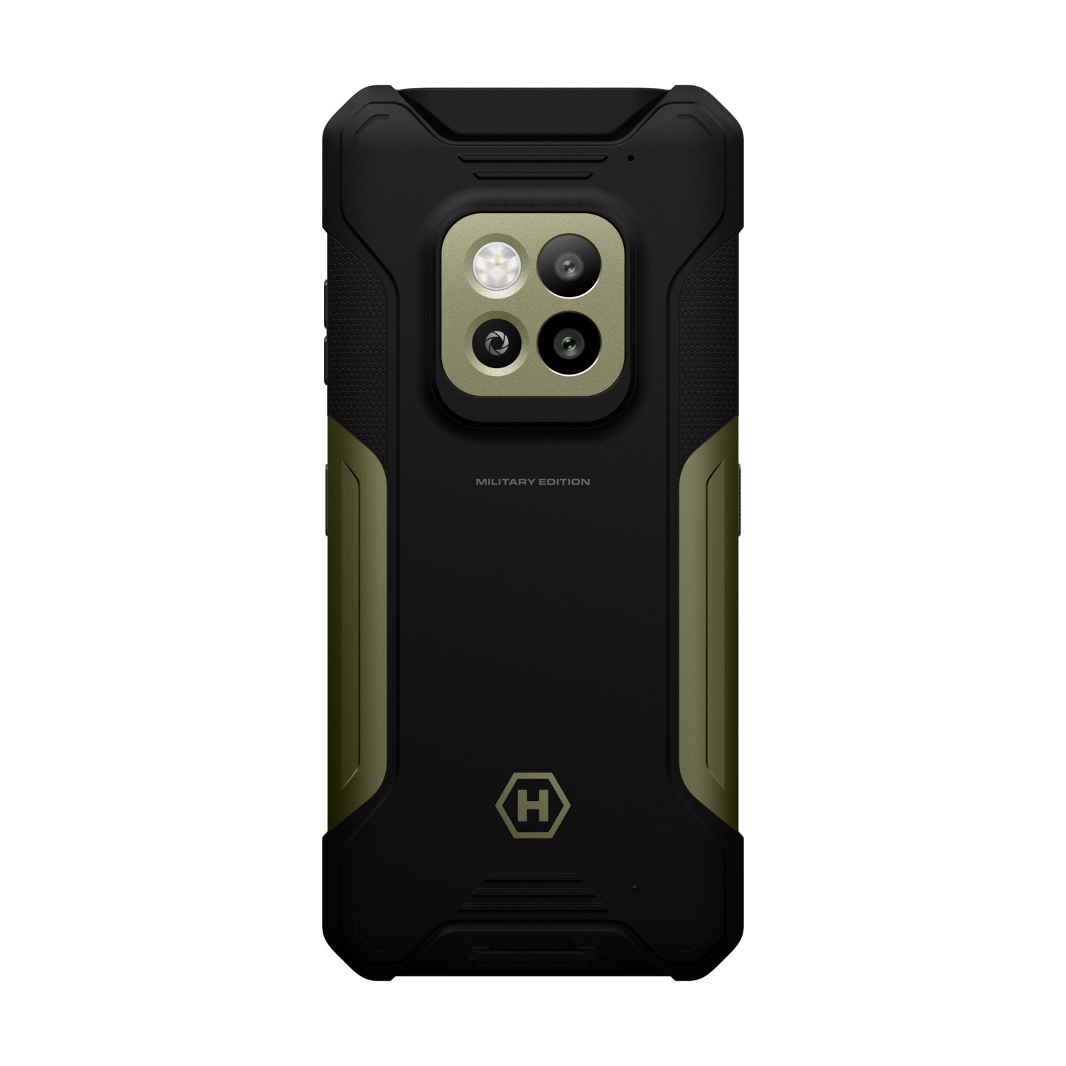 De achterkant van een zwart-groene telefoon in militaire stijl met meerdere camera's. Het merklogo staat onderaan en 'MILITARY EDITION' erboven.
