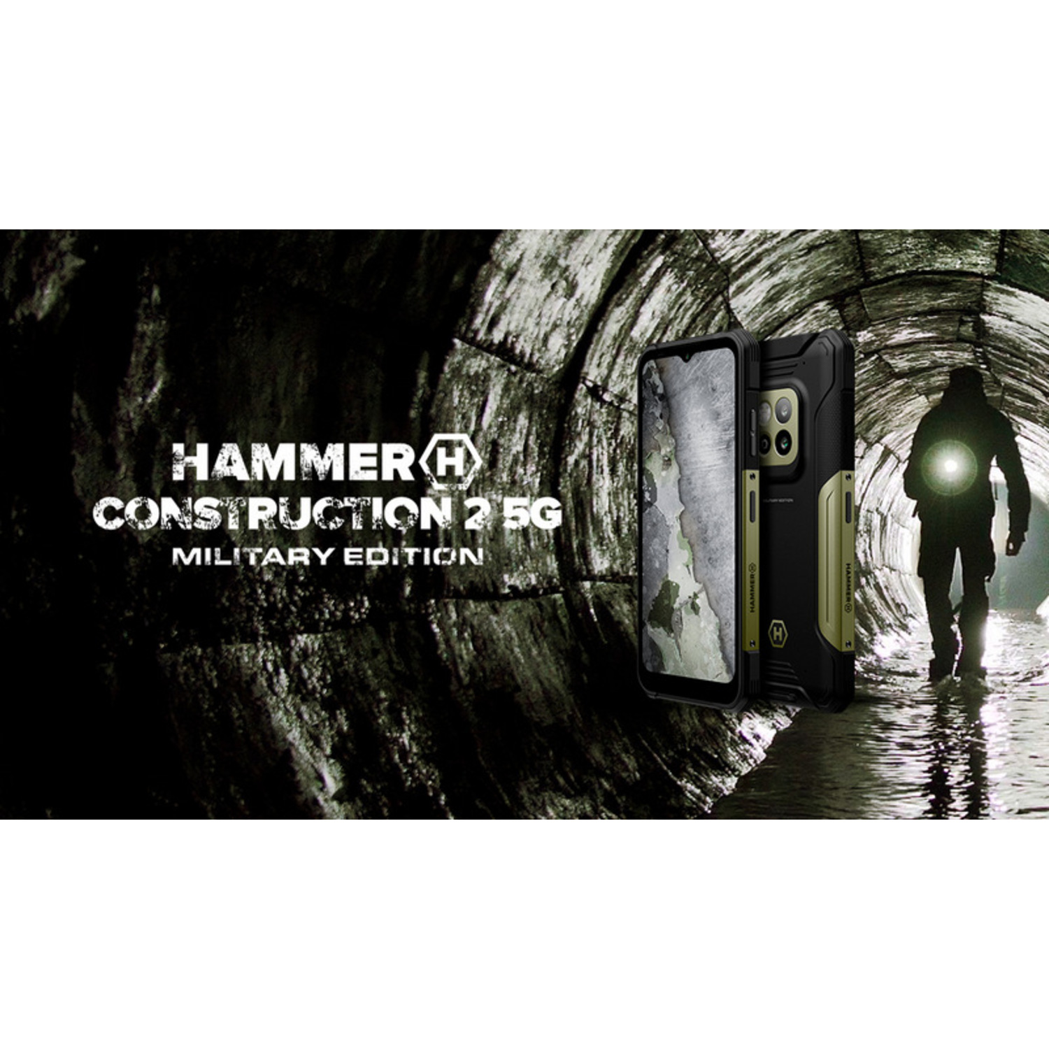 Afbeelding toont een telefoon met beschermhoes, een persoon die in een tunnel loopt met licht en tekst: HAMMER CONSTRUCTION 2 5G MILITARY EDITION.