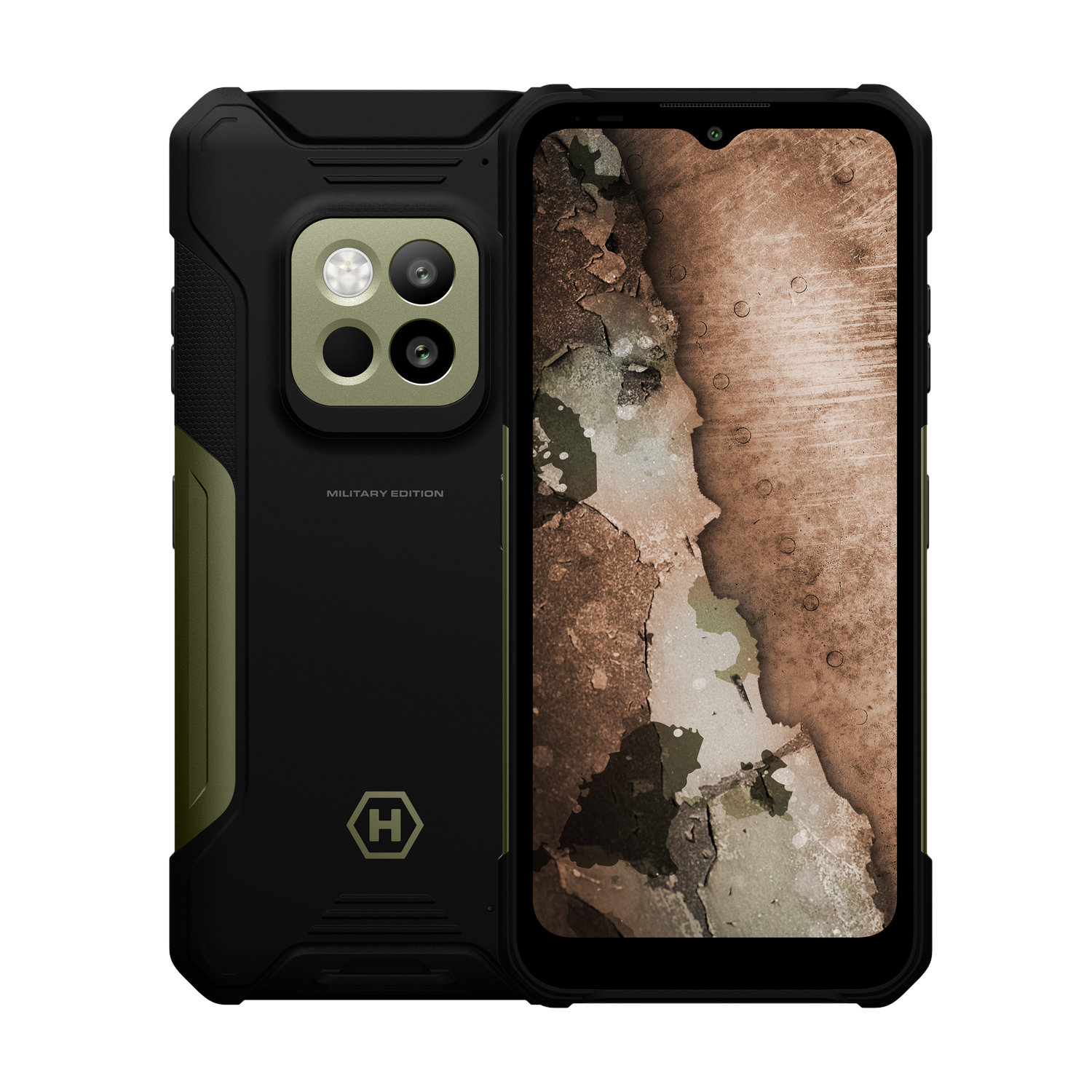Robuuste smartphone met zwarte en olijfgroene behuizing. Het scherm toont een verweerde textuur. De telefoon heeft drie camera's en het merklogo.
