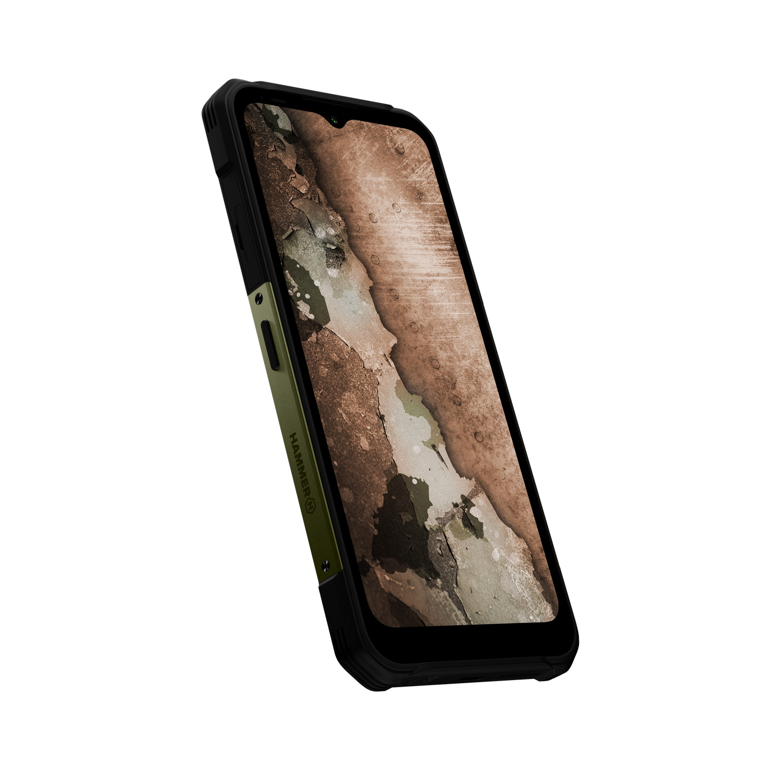 Een smartphone, schuine weergave. De telefoon heeft een beschermhoes, zwart en olijfgroen. Het scherm toont een getextureerd bruin en groen patroon.