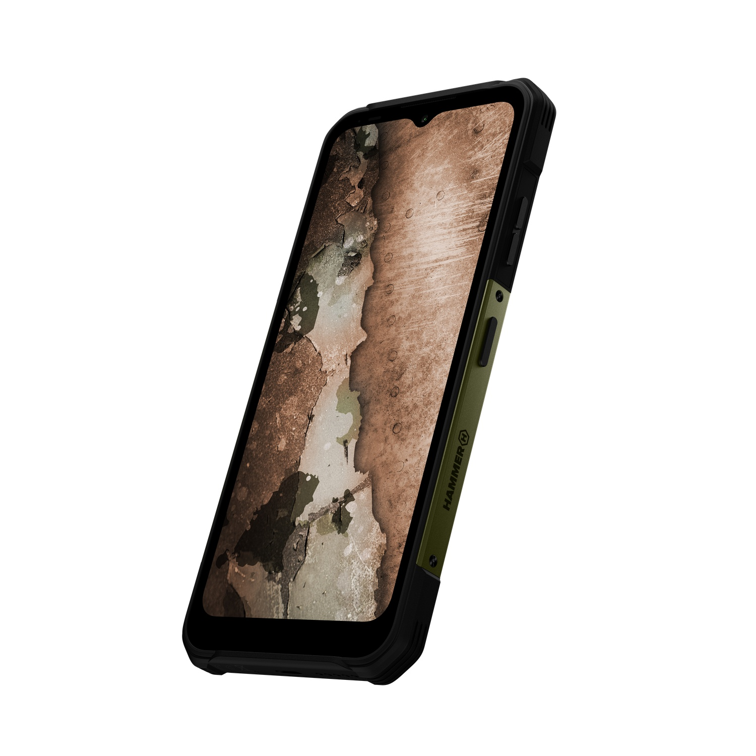 Een robuuste smartphone met een zwarte en groene behuizing. Het scherm toont een getextureerd, verweerd oppervlak.