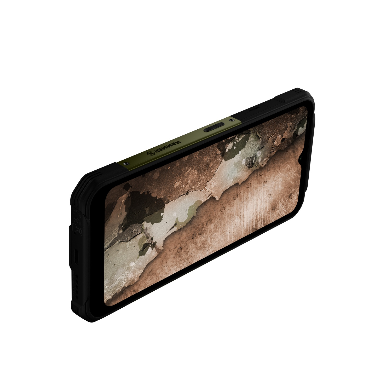 Een smartphone in een zwarte hoes met een olijfgroen accent. Het scherm toont een abstract bruin en wit patroon.