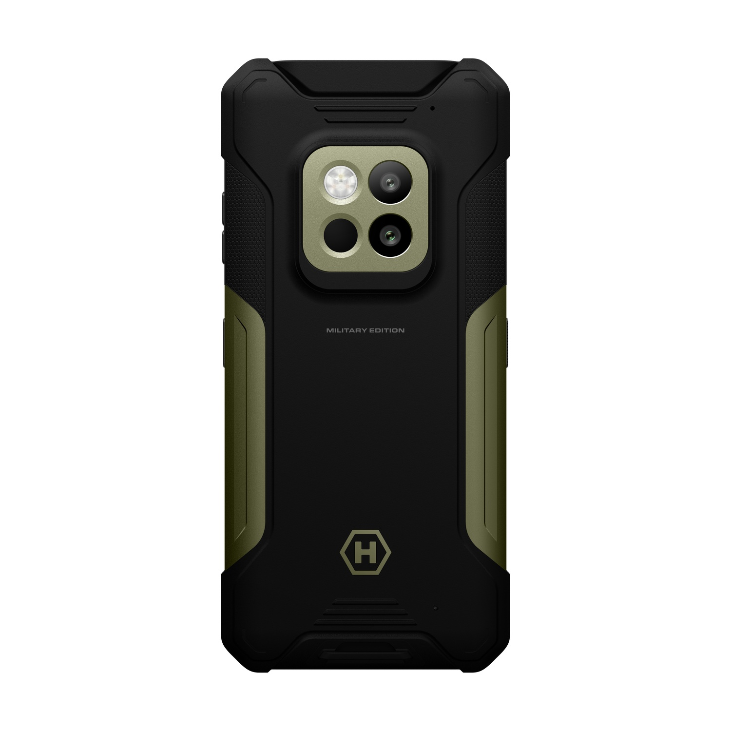 Zwarte en olijfgroene telefoonhoes. Beschikt over een camera-array en de tekst 'MILITARY EDITION'. De onderkant heeft een logo.