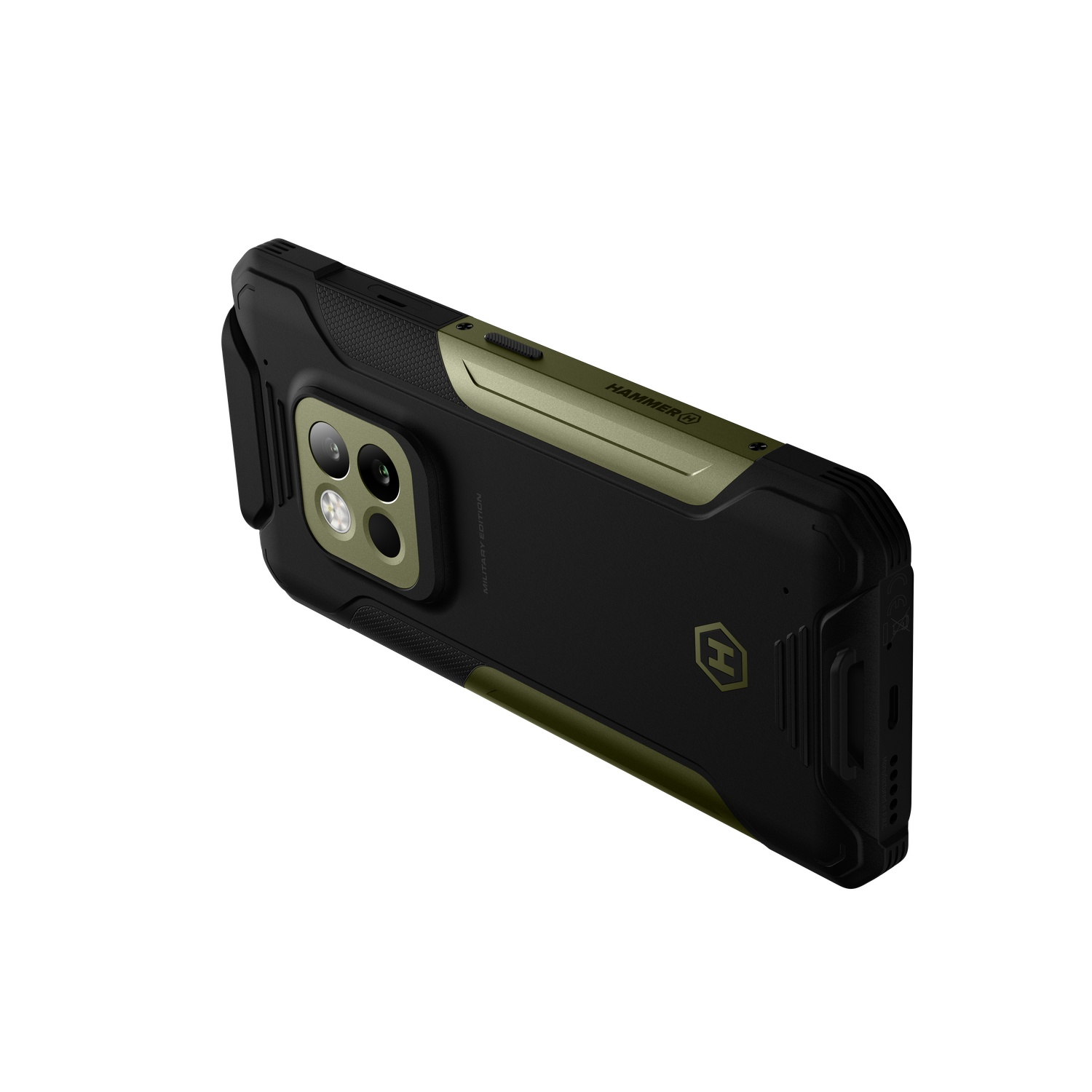 Zwarte smartphone met olijfgroene accenten, in een beschermhoes. De telefoon heeft een camerabult en de merknaam 'HAMMER' is zichtbaar.