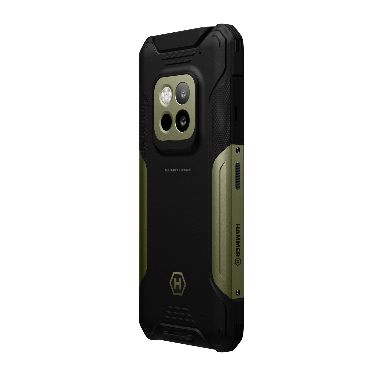 Robuuste smartphone met zwarte en olijfgroene behuizing. Voorzien van meerdere cameralenzen en een prominent 'H'-logo. De telefoon staat schuin.