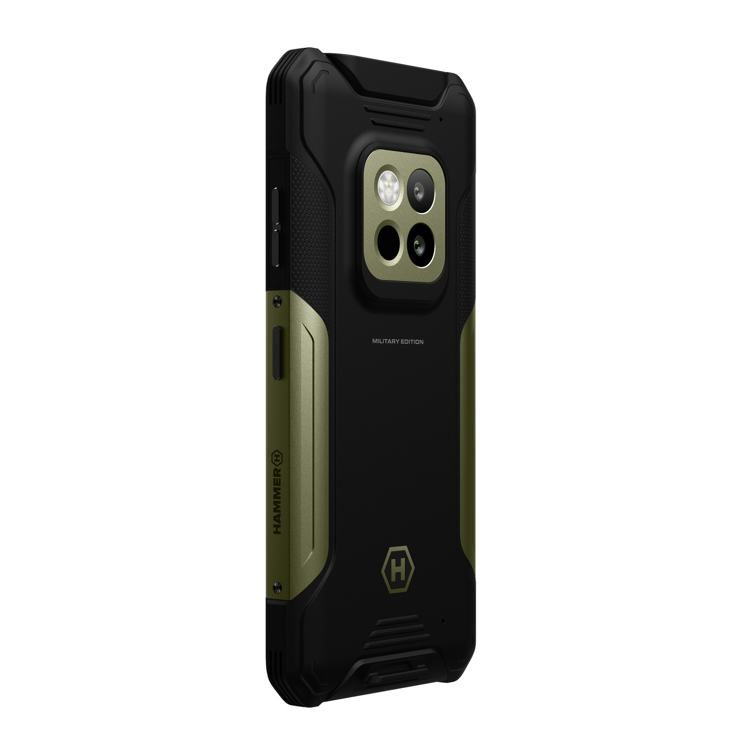 Een zwarte en olijfgroene smartphonehoes. Het heeft drie cameralenzen en het 'Hammer'-logo. Het is een militaire editie.