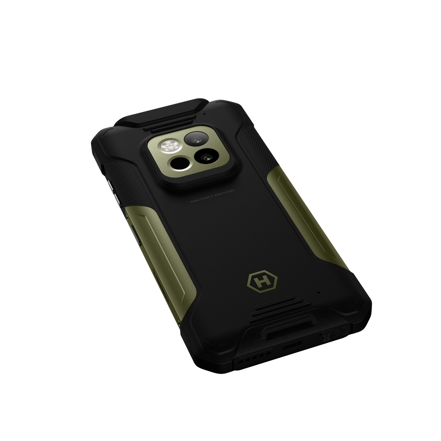 Zwarte en olijfgroene smartphonehoes, met een cameramodule en een logo. De telefoon staat schuin, op een witte achtergrond.