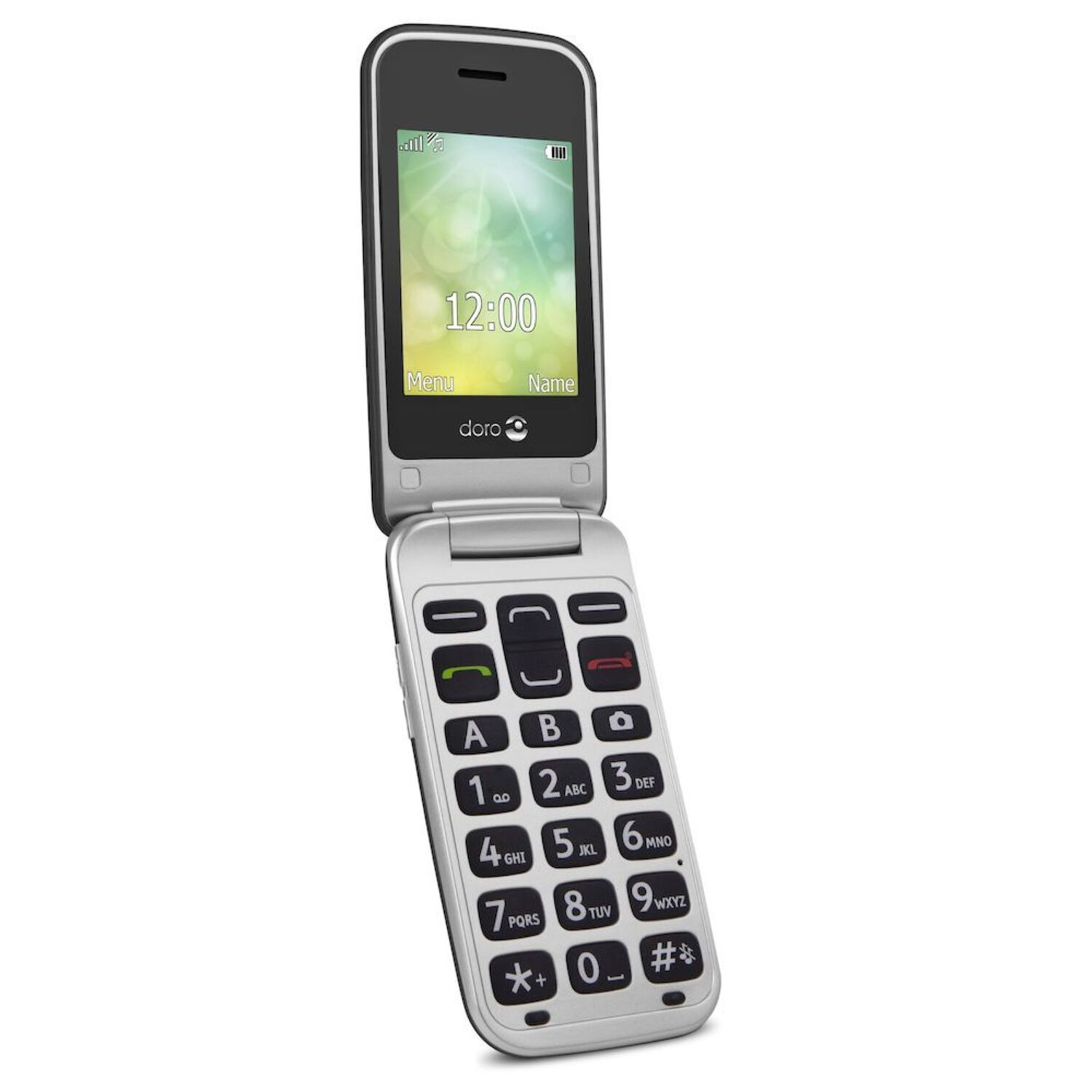 A silver flip phone open, displaying the time. Large buttons for easy dialing are visible.