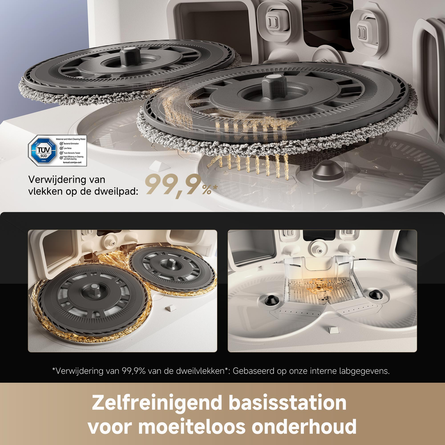 Een reinigingsmachine reinigt pads met tekst over vlekverwijdering en zelfreinigende basis.