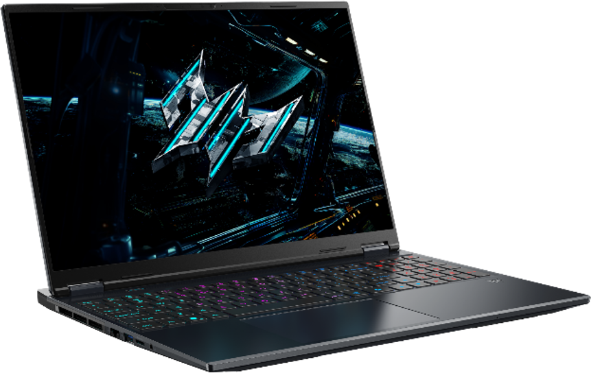 Laptop da gaming, aperto, su una superficie nera. Tastiera illuminata, lo schermo mostra un'immagine di navicella spaziale.