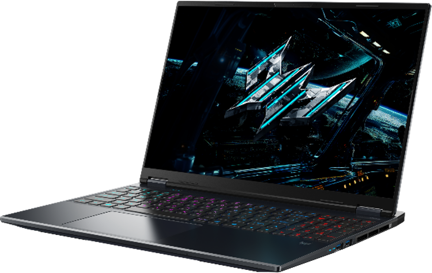 Un laptop nero con un grande schermo che mostra una grafica futuristica. La tastiera ha l'illuminazione RGB.