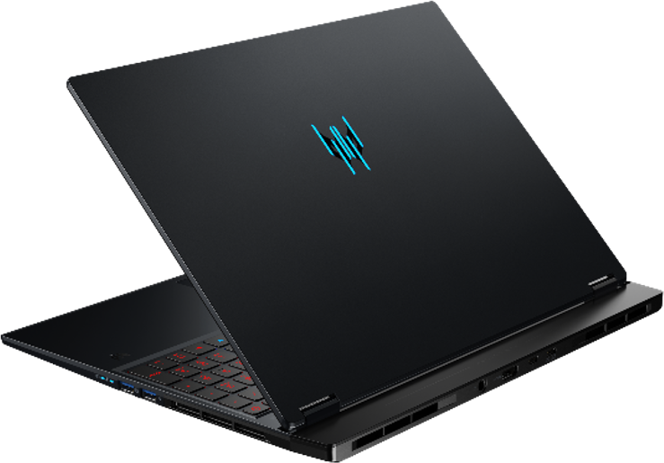 Laptop nero aperto, mostra tastiera e logo sul coperchio.