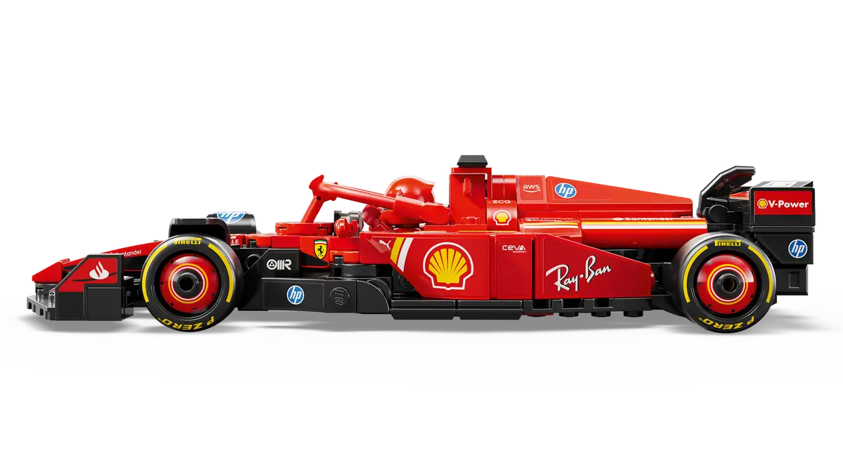Model Lego czerwonego samochodu wyścigowego Ferrari.