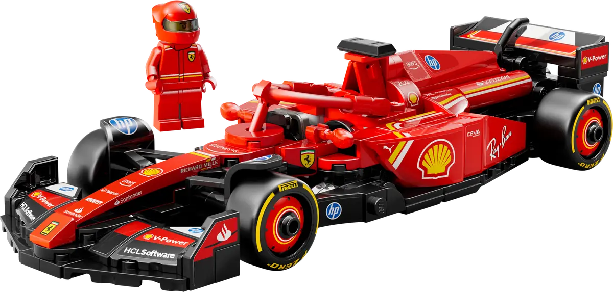 Czerwony Lego Ferrari z minifigurką, ze sponsorami i detalami.