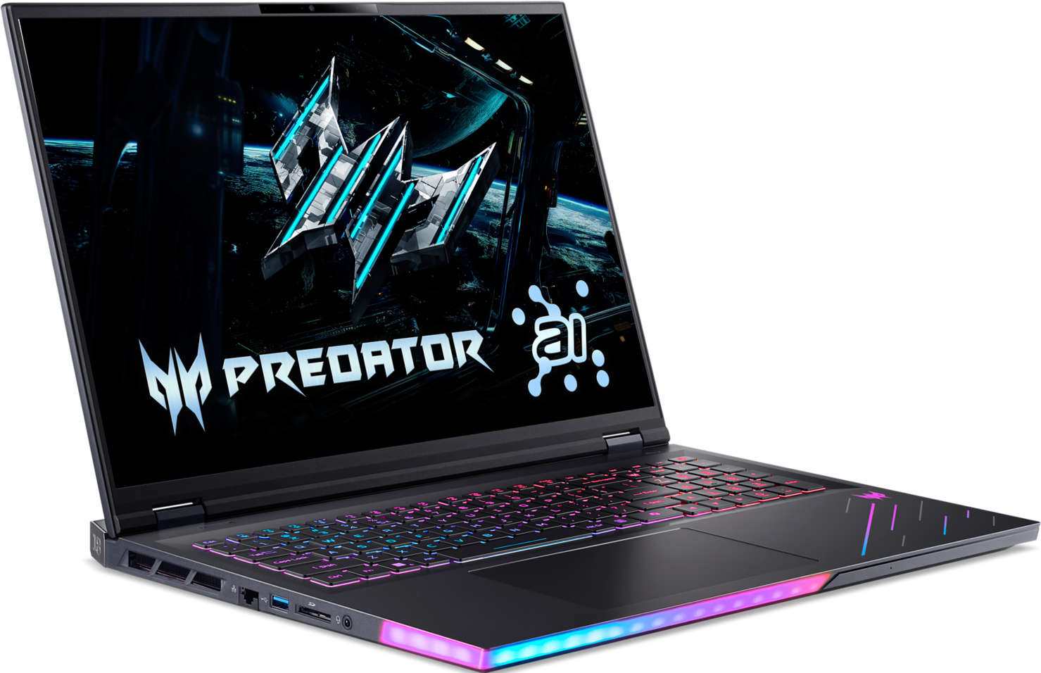 Schwarzer Laptop mit farbiger Tastatur, beleuchtetem Bildschirm und Hintergrund mit Logo.