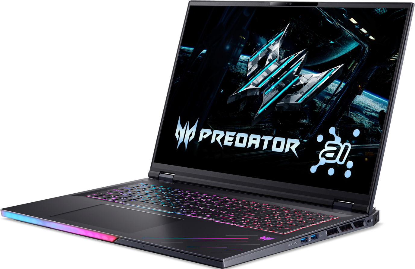 Schwarzer Laptop mit bunter Tastatur. Bildschirm zeigt Grafik. Das Predator-Logo ist sichtbar.