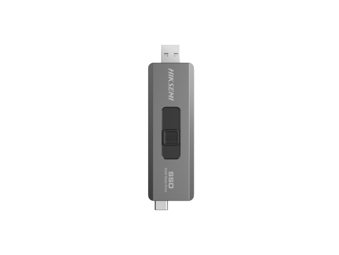 Siyah arka plan üzerinde siyah bir orta düğmesi olan gümüş ve gri bir USB flash sürücü.
