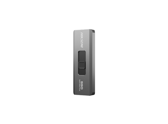 Siyah sürgülü anahtarlı ve SSD etiketli gri USB flash sürücü. Siyah zemin.