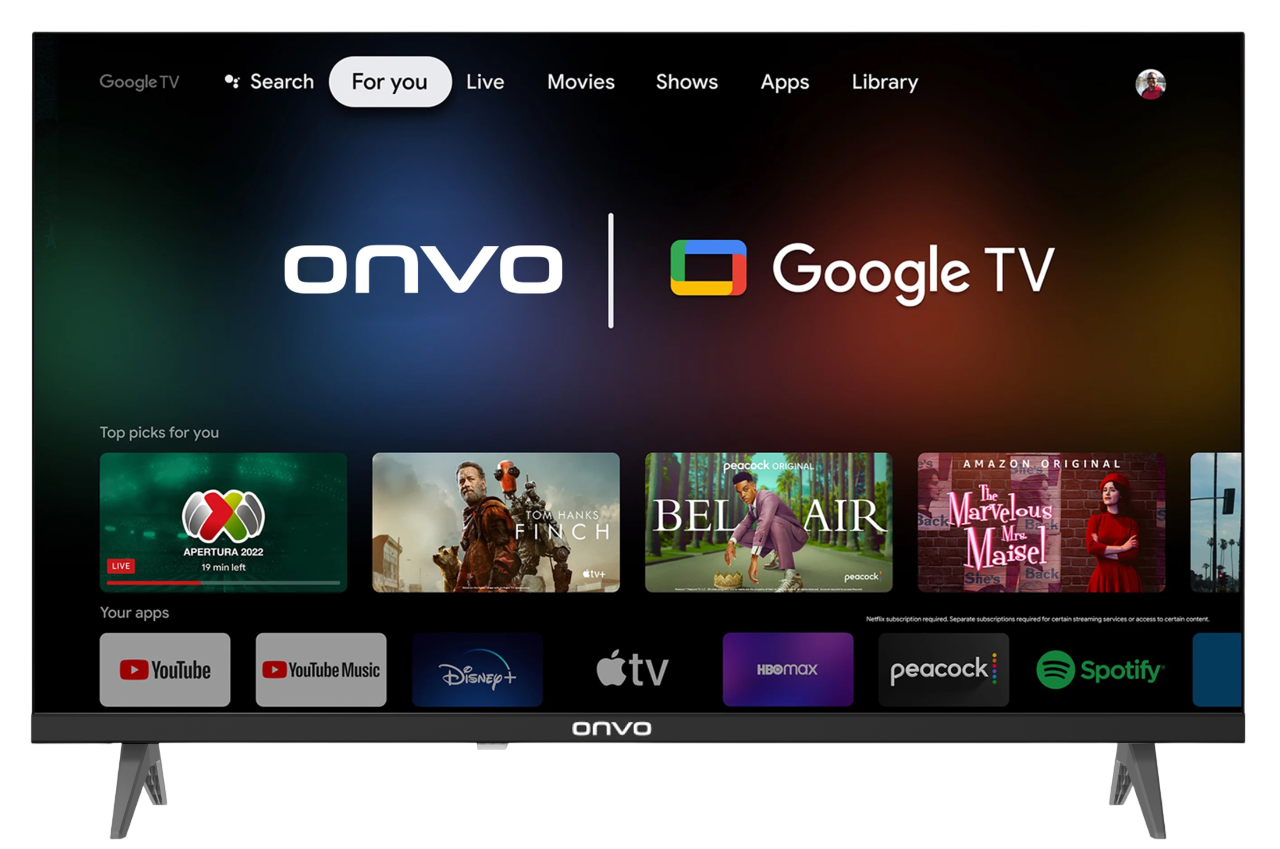 Onvo Google TV ekranı, Google TV uygulamalarını gösteriyor, 'Sizin İçin' kelimesi vurgulanmış.