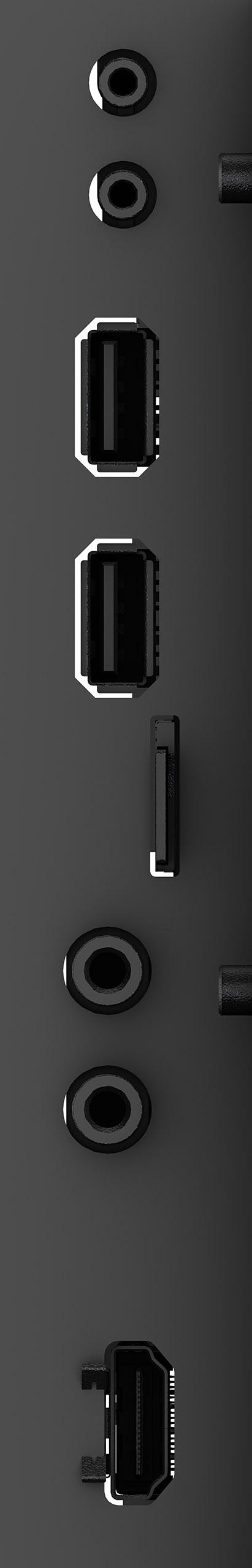 Nahaufnahme von schwarzen Geräteanschlüssen, einschließlich Audiobuchsen, HDMI und anderen Steckverbindern.