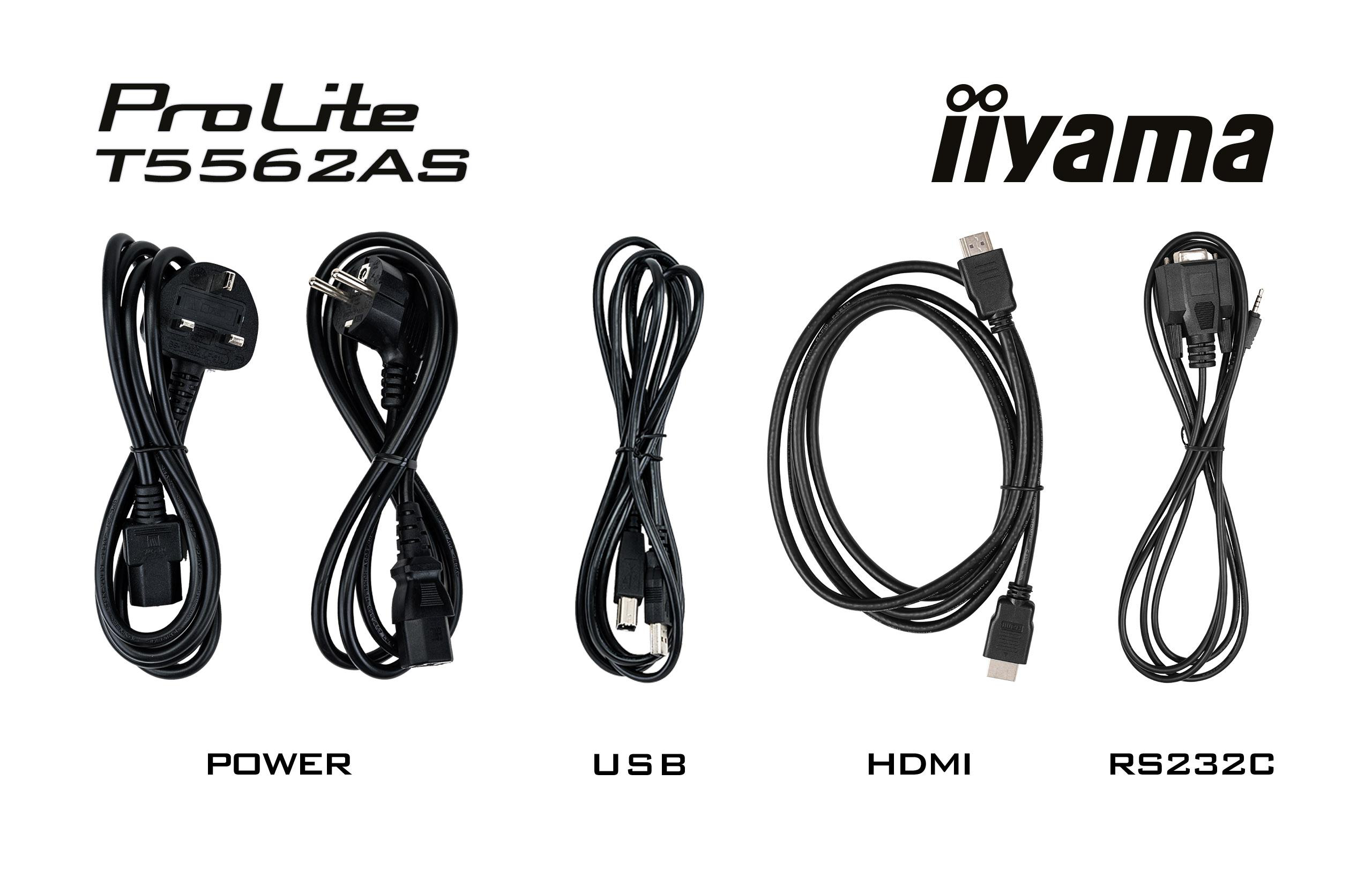 Vier schwarze Kabel mit der Aufschrift: POWER, USB, HDMI und RS232C. Die Kabel liegen vor Text und Logos.