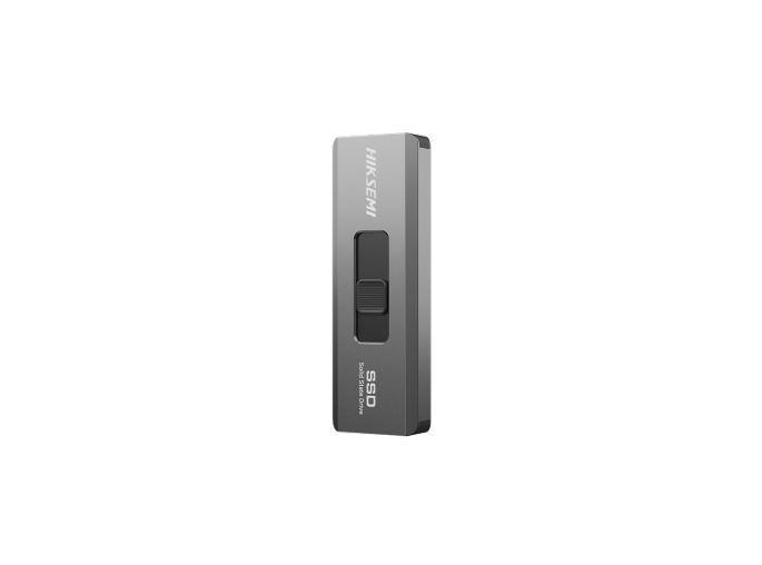HIKSEMI markalı gümüş ve gri bir USB bellek. Siyah arka plan.